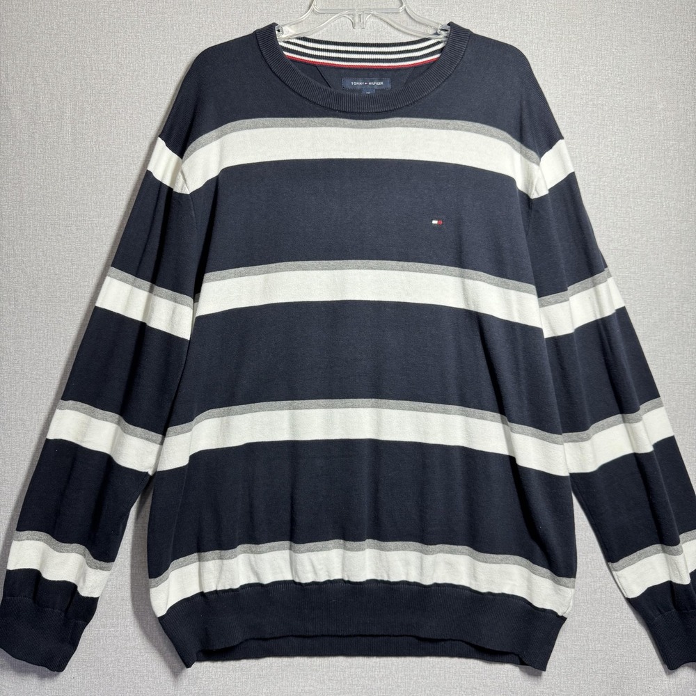 Tommy Hilfiger Sweater Mens 2XL Blue Striped Crew Neck Knit Pullover Long Sleeve